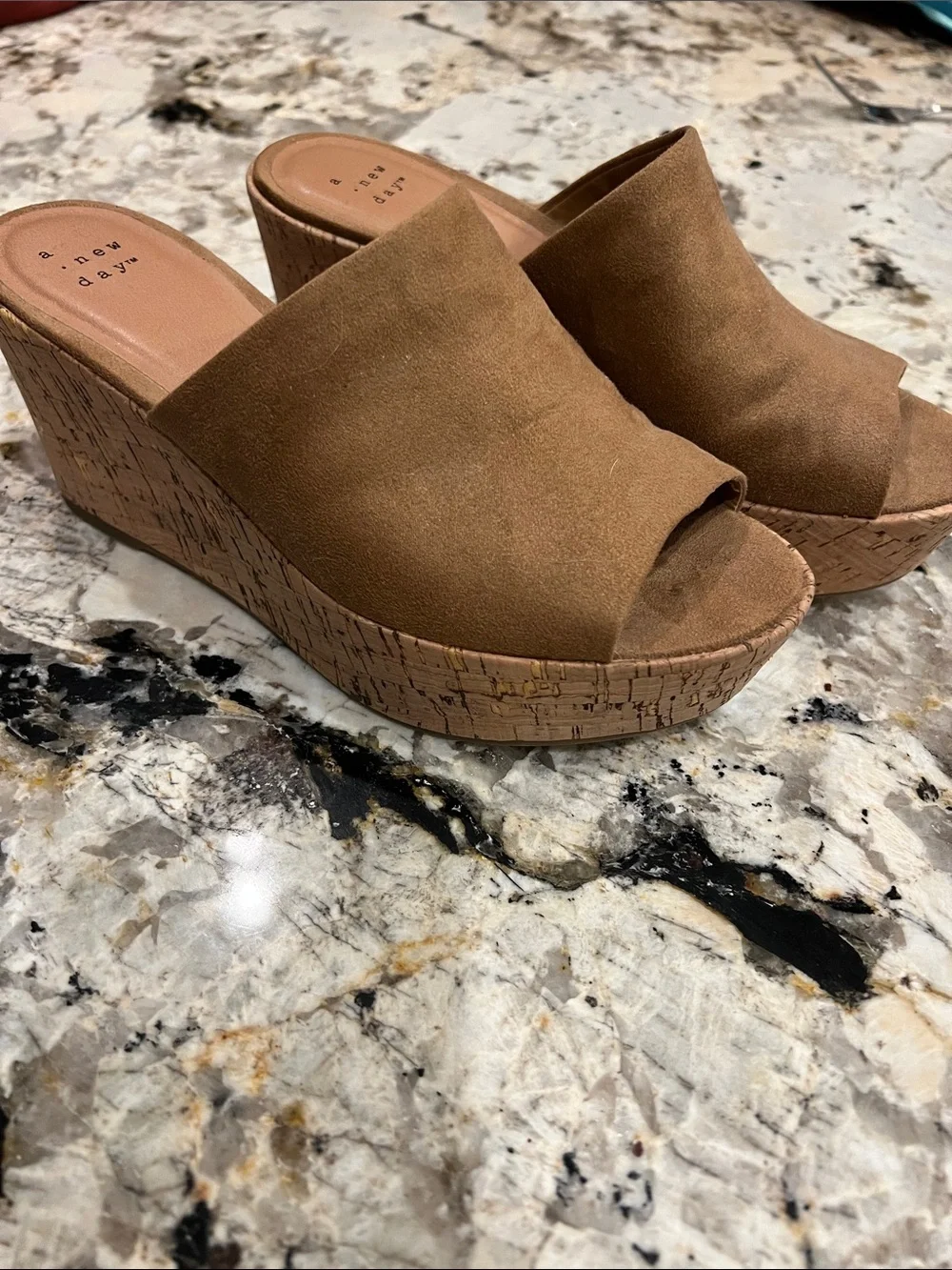 a new day Brown Suede-Look Cork Wedge Slide Sandals